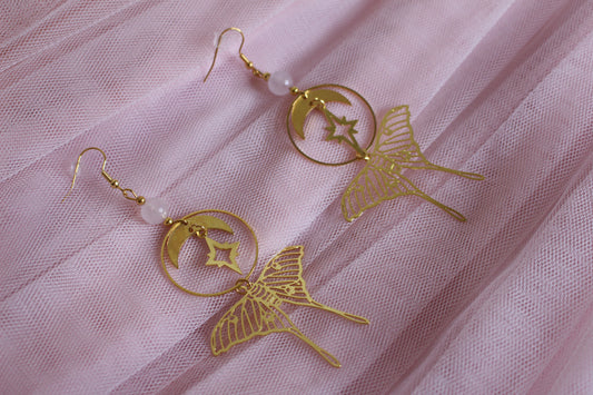 Star and Moon Moth Dangle Earrings